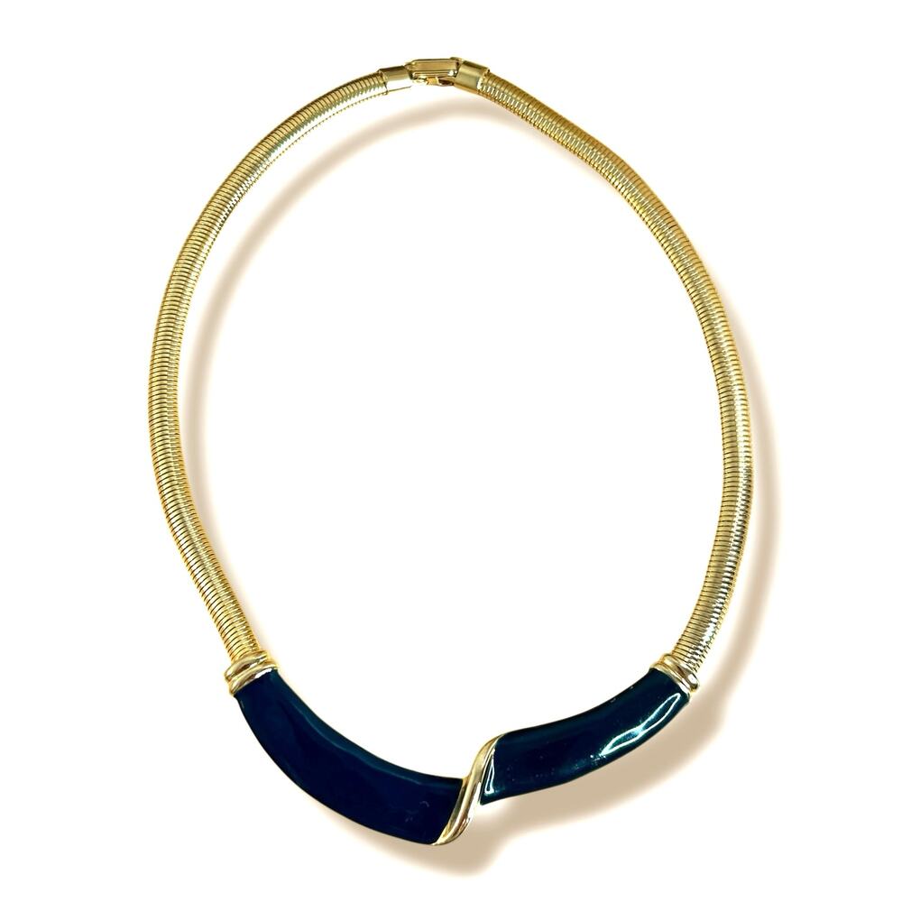 Vintage Omega Chain Necklace Gold Tone Navy Blue Enamel Center 1980s 1990s
